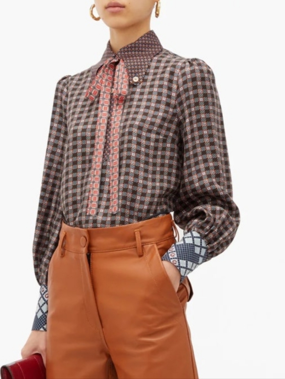 Gucci Brown Checkered Silk Blouse with Red Accent Tie Korean Small